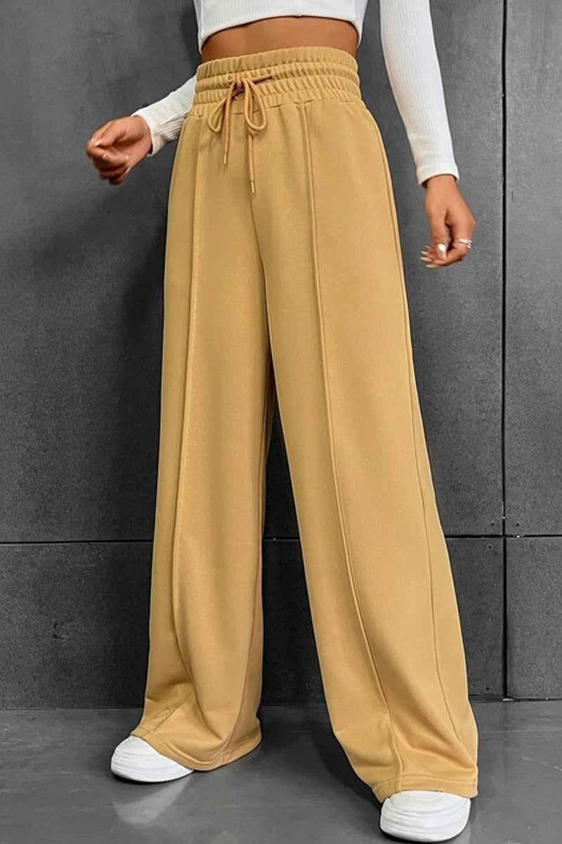 Casual Solid Frenulum Loose High Waist Wide Leg Solid Color Bottoms(6 Colors)