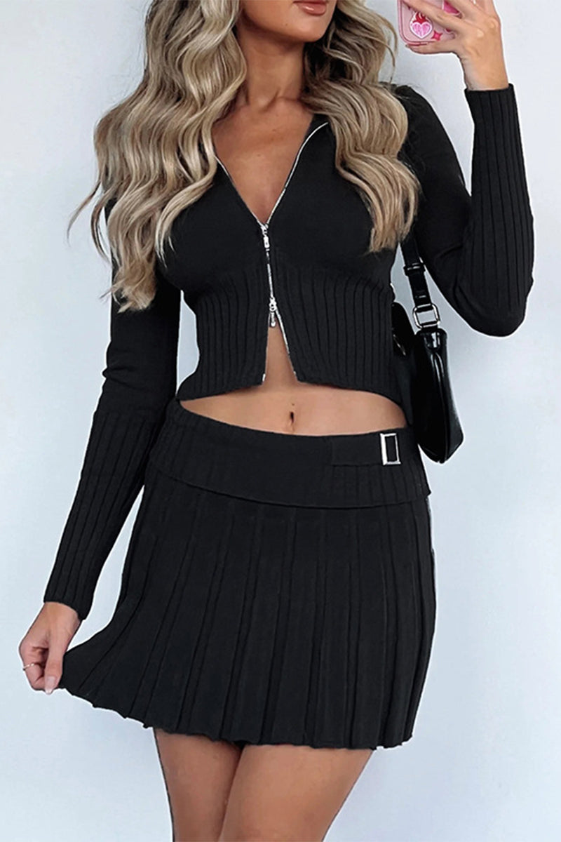 Sexy Solid Fold Zipper Turndown Collar Long Sleeve Two Pieces