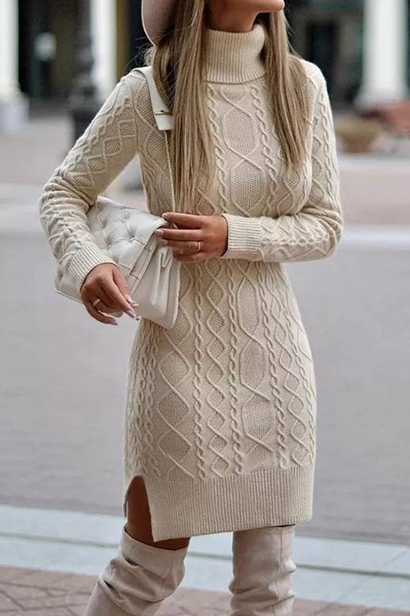 Elegant Solid Slit Weave Turtleneck Long Sleeve Dresses