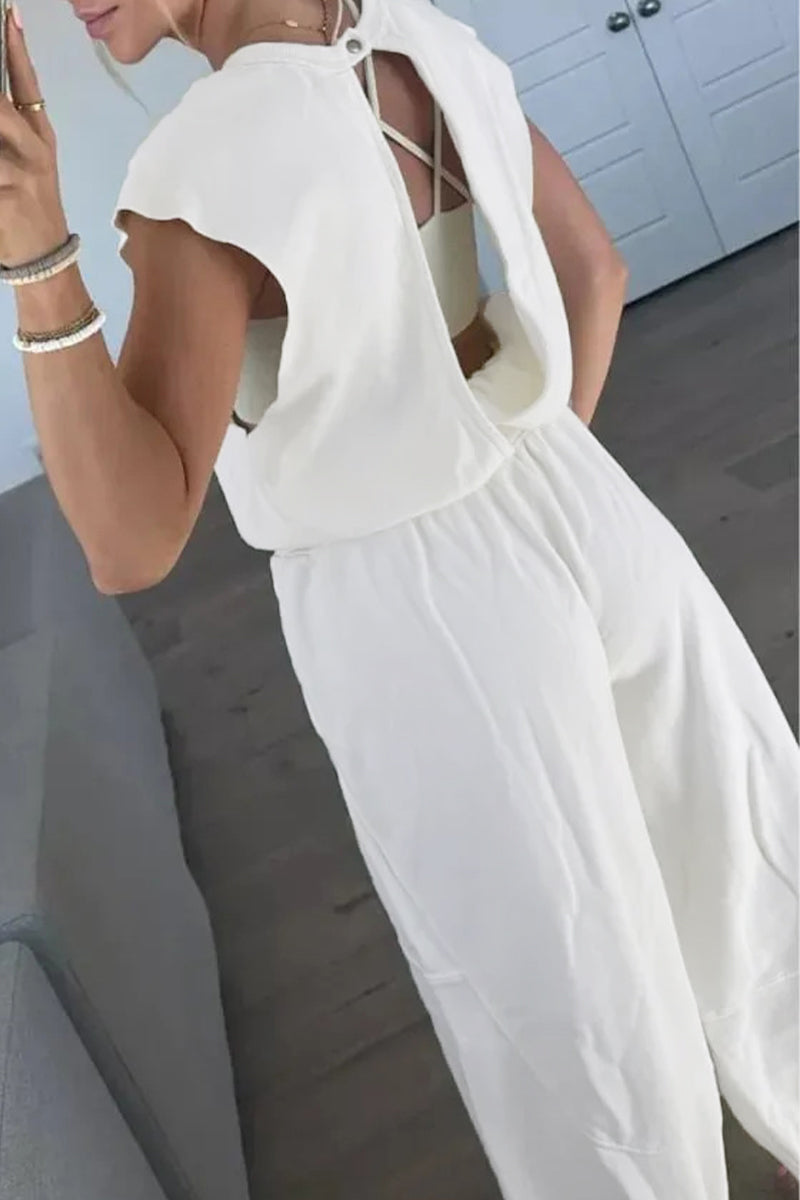 Casual Simplicity Solid Pocket Frenulum Backless O Neck Loose Jumpsuits