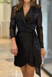 Casual Solid Sequins Frenulum Turn-back Collar Suit Dress Dresses(4 Colors)