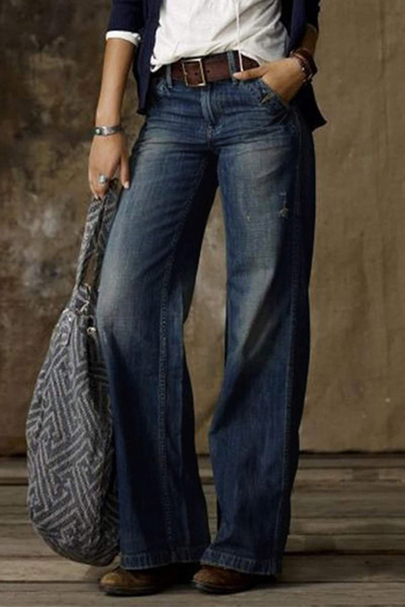 Casual Vintage Solid Make Old Without Belt High Waist Loose Denim Jeans(No Belt)