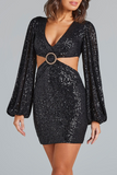 Sexy Solid Sequins Sequined V Neck Wrapped Skirt Dresses