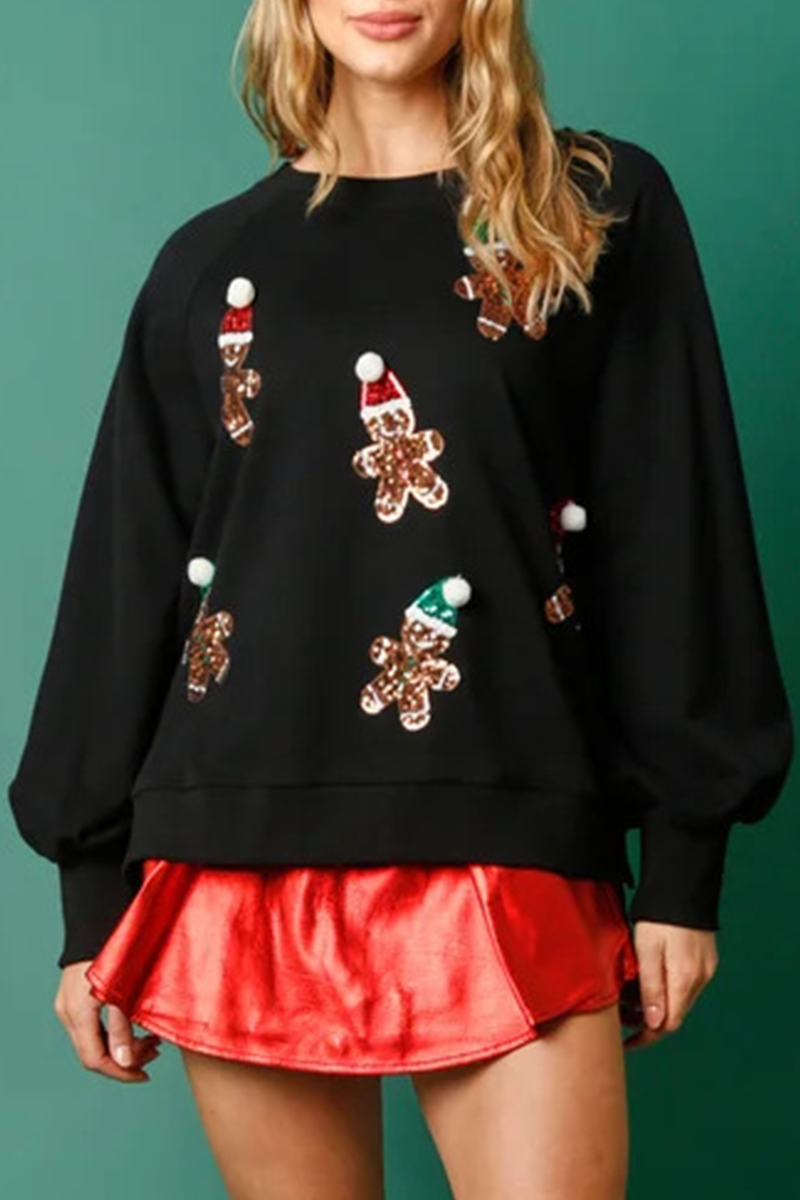 Casual Sweet Santa Claus Sequins Patch O Neck Tops