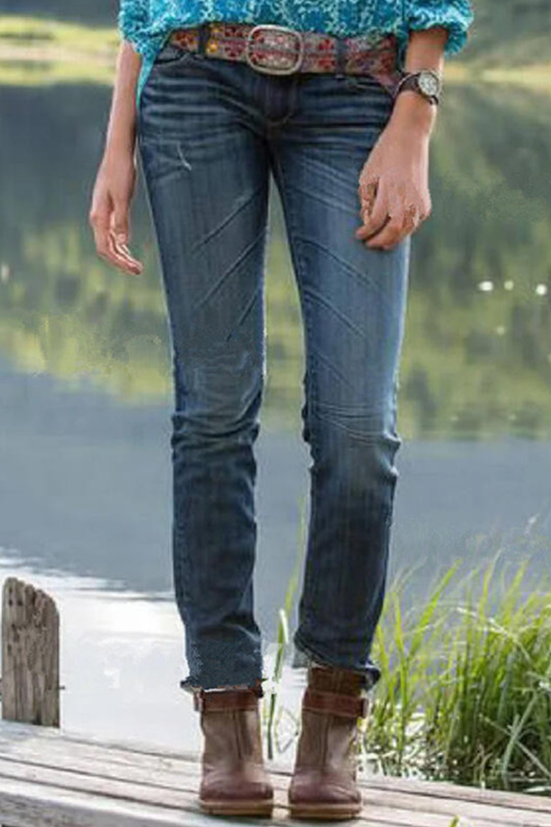 Casual Vintage Solid Without Belt Mid Waist Regular Denim Jeans(No Belt)