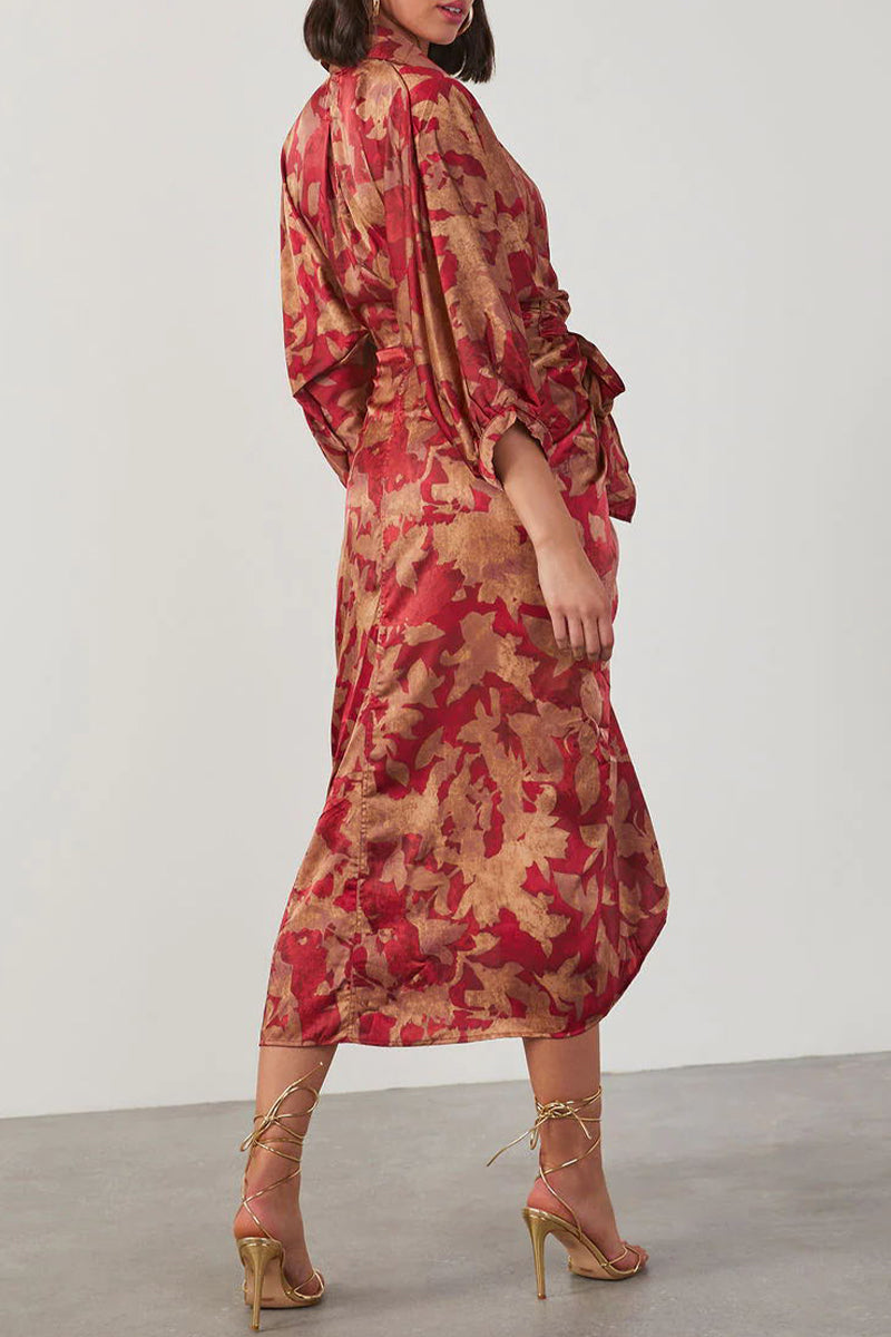 Elegant Floral Fold Turndown Collar Irregular Dress Dresses