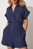 Daily Simplicity Solid Pocket Turndown Collar Loose Rompers
