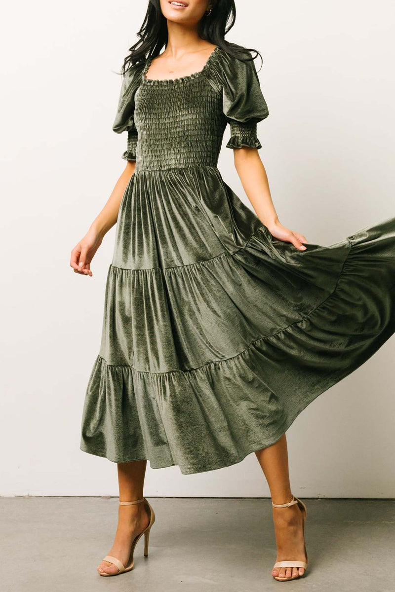 Elegant Solid Flounce Fold Square Collar Cake Skirt Dresses