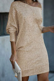 Elegant Solid Sequins Oblique Collar A Line Dresses