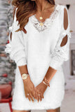 Casual Solid Lace Hollowed Out U Neck Long Sleeve Dresses
