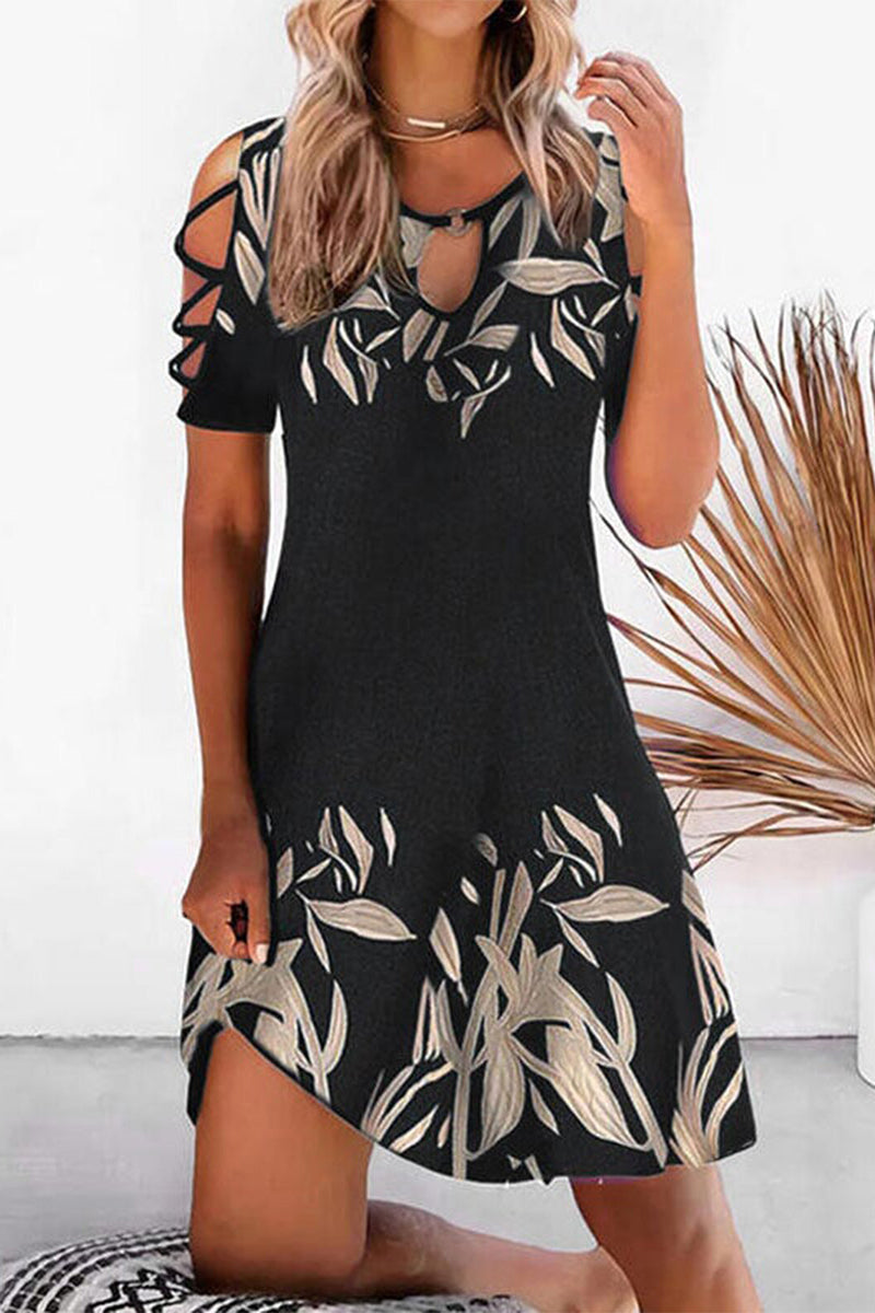 Casual Geometric Hollowed Out Printing O Neck Printed Dress Short Sleeve Dress