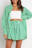Casual Daily Striped Frenulum Turndown Collar Long Sleeve Two Pieces(4 Colors)