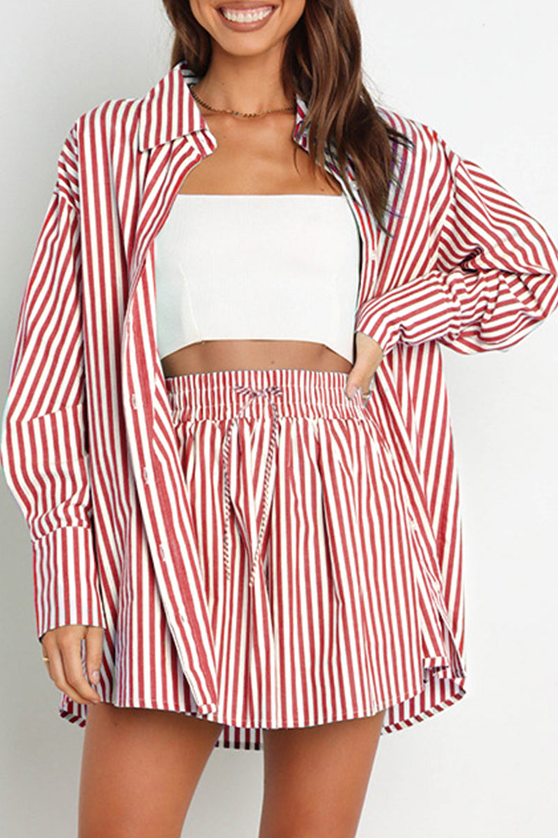 Casual Daily Striped Frenulum Turndown Collar Long Sleeve Two Pieces