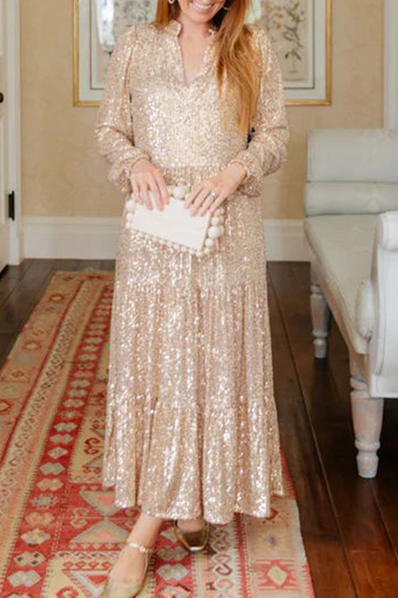 Celebrities Elegant Solid Sequins Sequined V Neck Long Sleeve Dresses