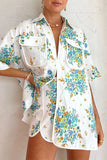 Sweet Floral Pocket Turndown Collar Short Sleeve Two Pieces