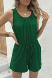 Casual Simplicity Solid Draw String Pocket O Neck Rompers