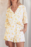 Casual Floral Pocket Turndown Collar Half Sleeve Two Pieces