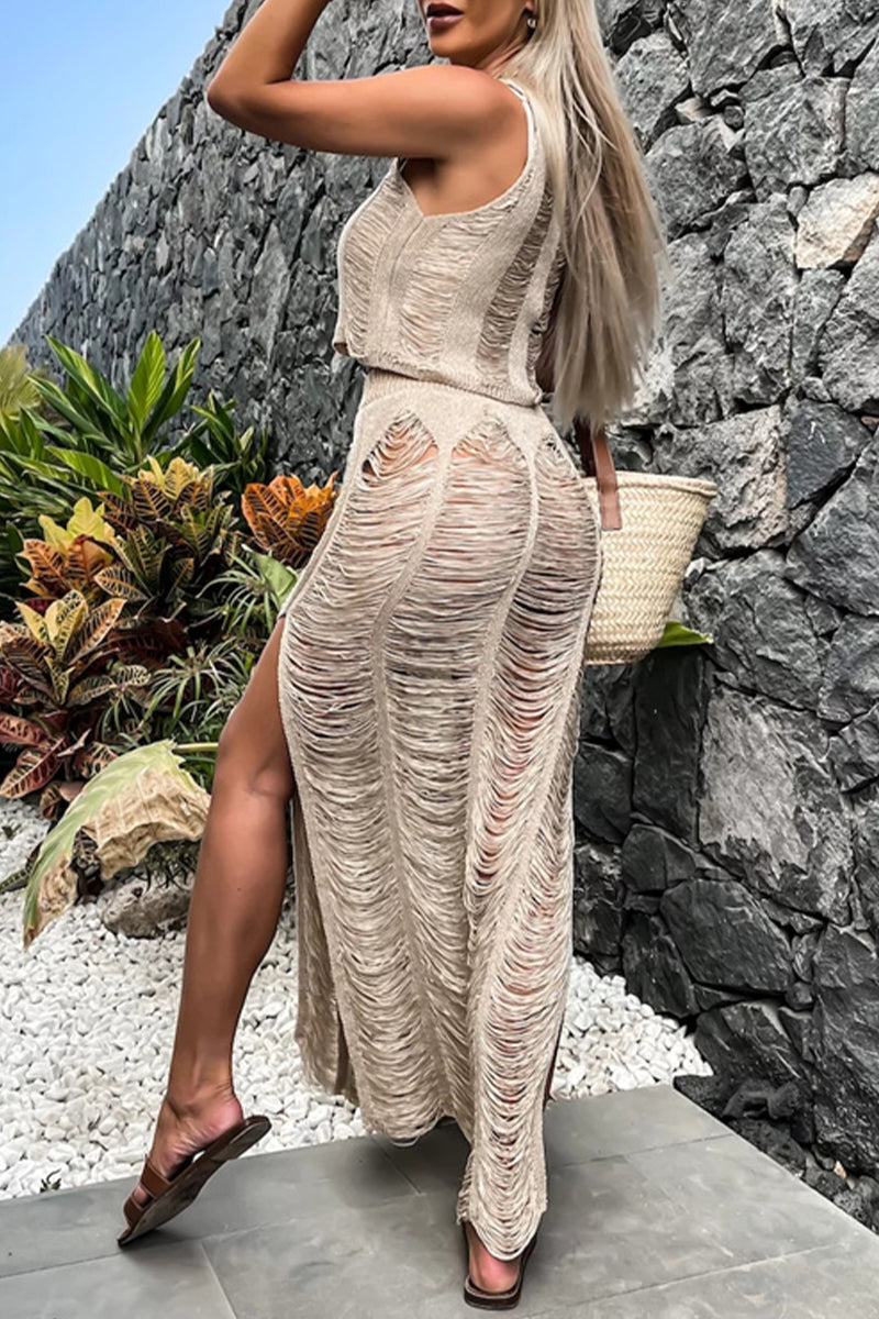 Sexy Vacation Solid Hollowed Out Slit O Neck Sleeveless Two Pieces