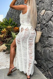 Sexy Vacation Solid Hollowed Out Slit O Neck Sleeveless Two Pieces
