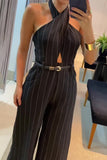 Casual British Style Striped Print Hollowed Out Backless Halter Regular Jumpsuits