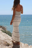Sexy Solid Hollowed Out Contrast Weave V Neck One Step Skirt Dresses