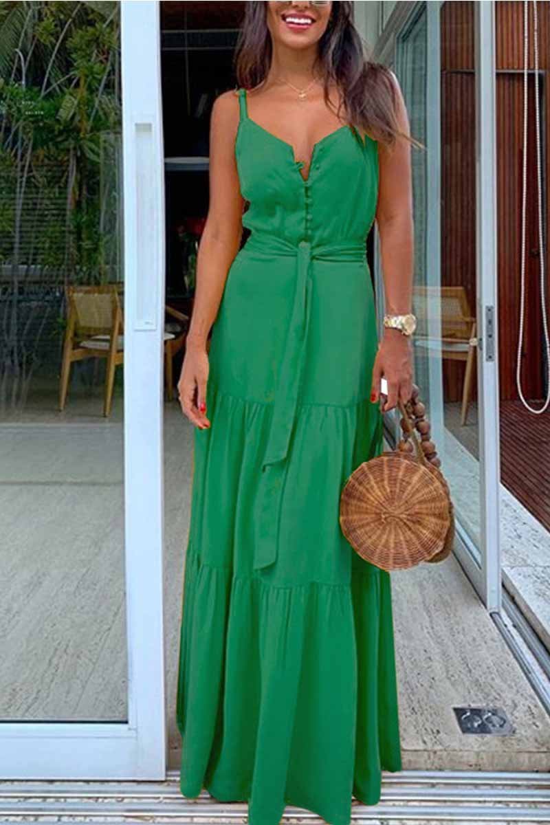 Chicindress Button V-Neck Maxi Dress With Belt(3 Colors)