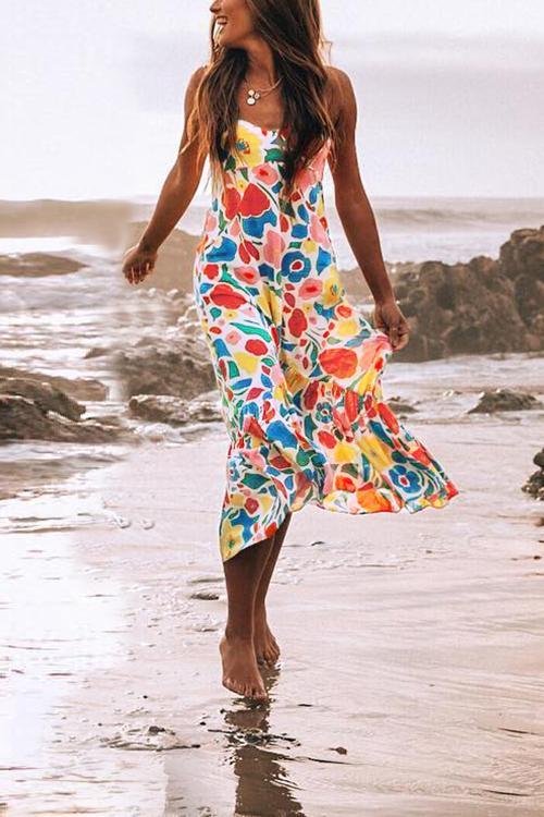 Chicindress Floral Printed Backless Mid Calf Dress With Pocket