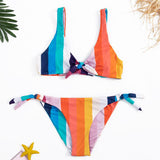 Chicindress Two-Piece Rainbow Striped Knotted Swimsuit