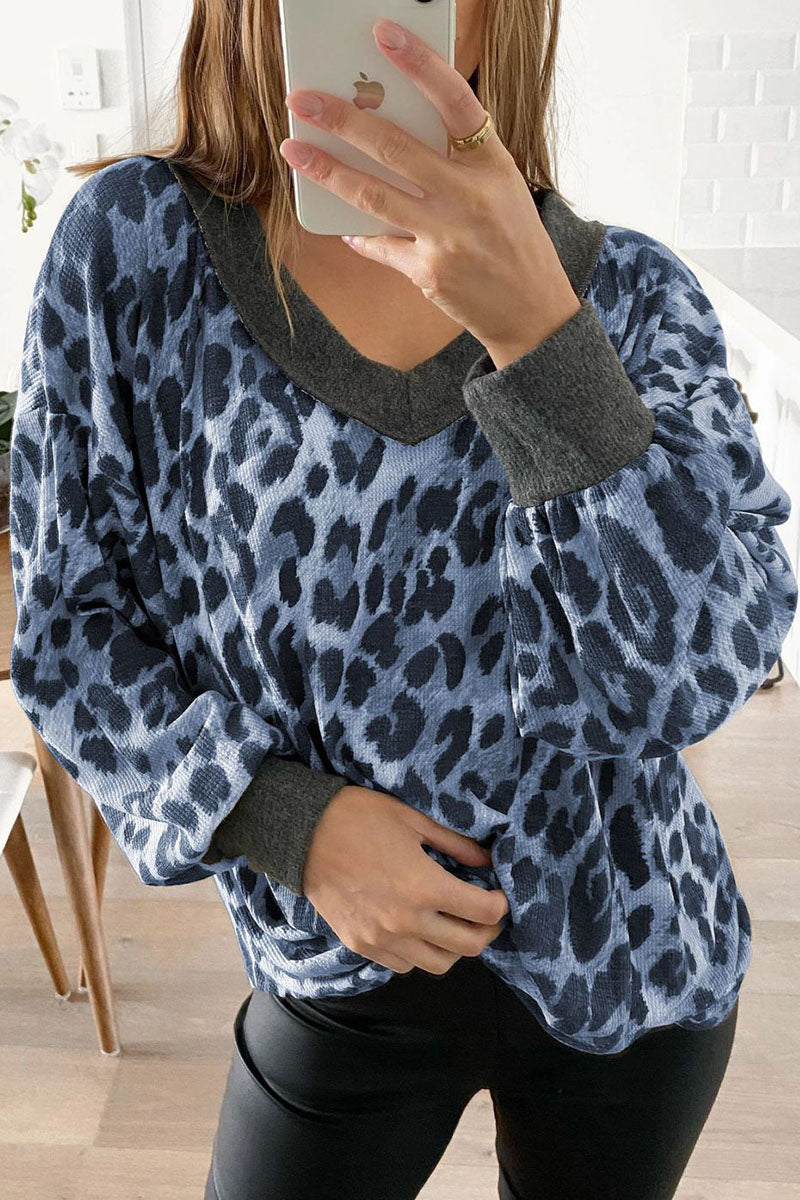 Fashion Street Leopard Patchwork V Neck Hoodies(4 Colors)