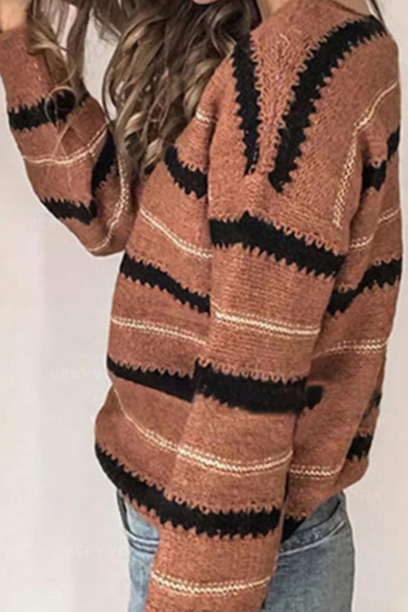 Fashion Street Striped Patchwork V Neck Sweaters