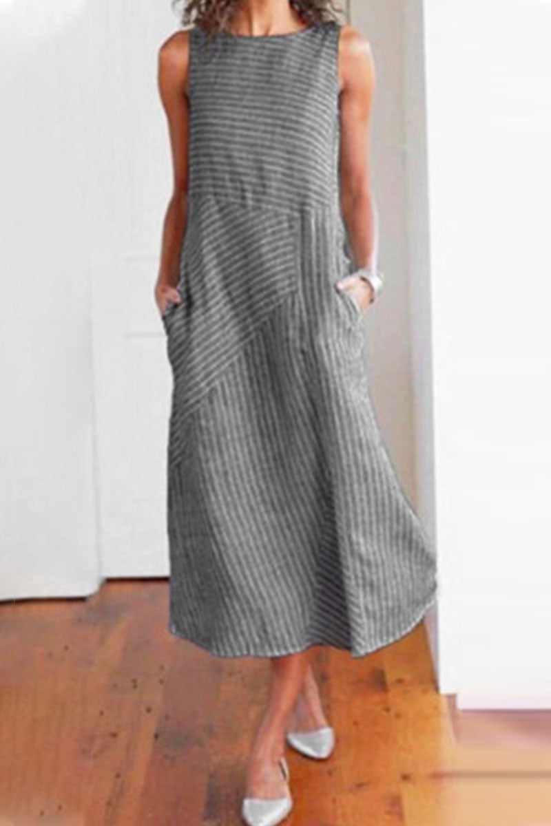 Fashion Street Striped O Neck Sleeveless Dresses(6 Colors)