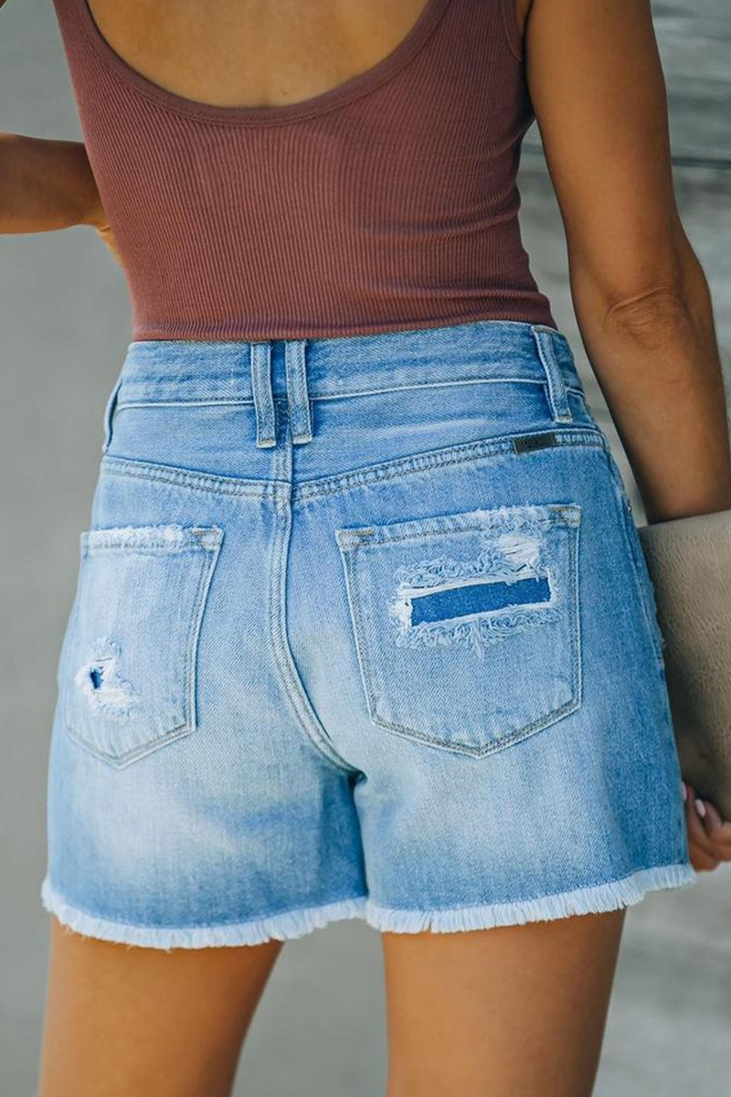 Casual Daily Solid Ripped High Waist Straight Denim Shorts