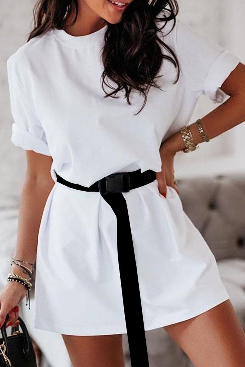 Casual Solid Basic With Belt O Neck T-shirt Dress Dresses(5 Colors)