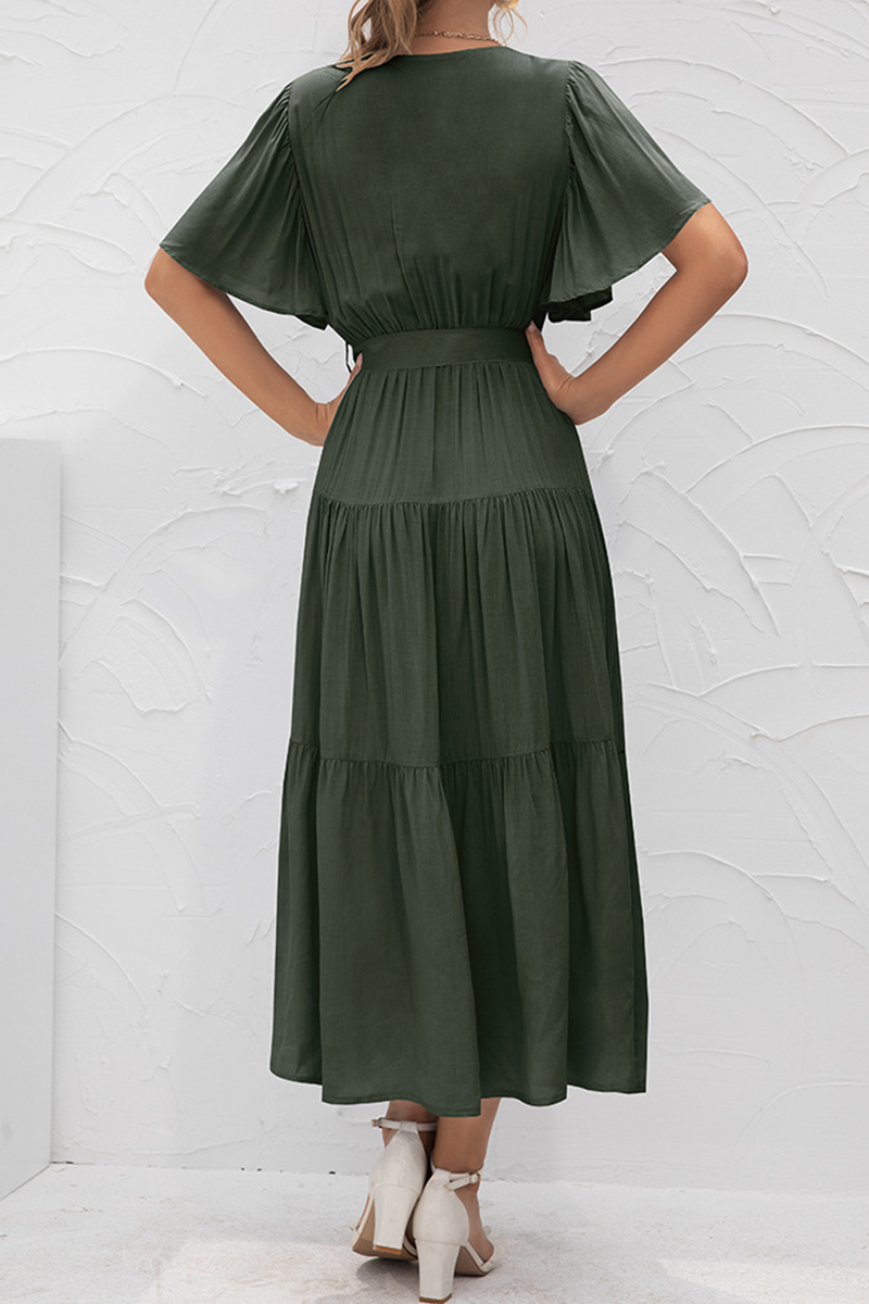 Elegant Solid With Belt V Neck Cake Skirt Dresses(4 Colors)