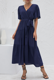 Elegant Solid With Belt V Neck Cake Skirt Dresses(4 Colors)