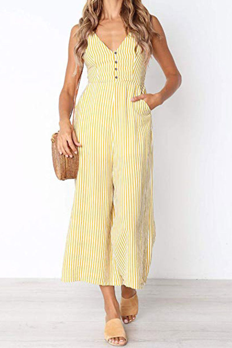 Casual Striped V Neck Loose Jumpsuit