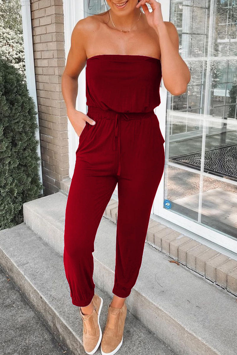 Fashion Street Solid Patchwork Strapless Jumpsuits(3 Colors)