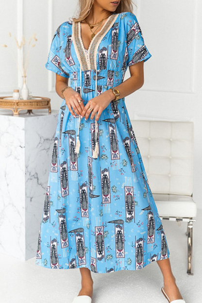 Elegant Print Tassel V Neck A Line Dresses(3 Colors)