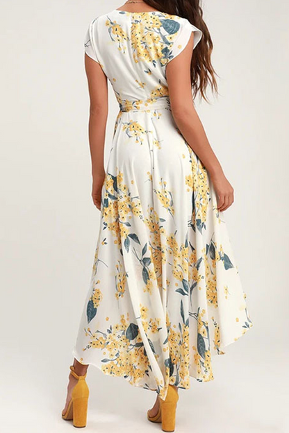 Elegant Floral Frenulum With Belt Irregular Dress Dresses(3 Colors)