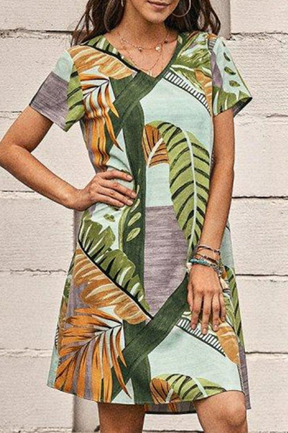 Casual Print V Neck A Line Dresses(6 Colors)