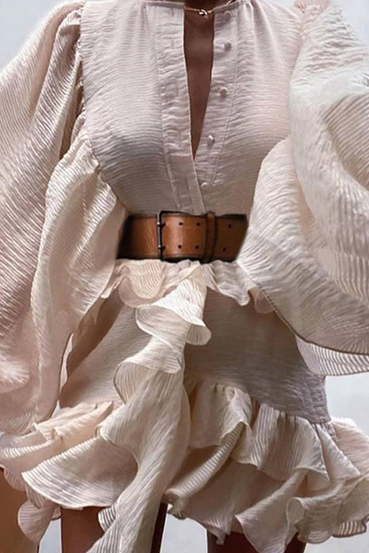 Fashion Elegant Solid Buckle Flounce With Belt O Neck A Line Dresses