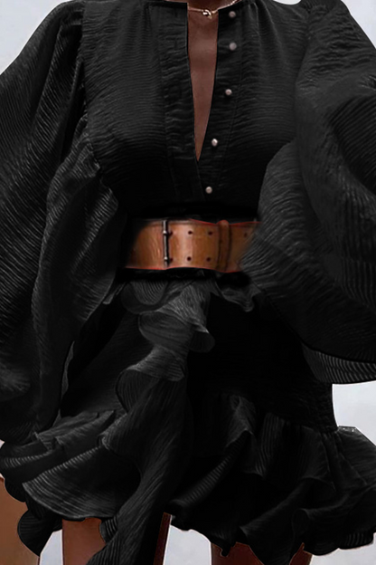 Fashion Elegant Solid Buckle Flounce With Belt O Neck A Line Dresses