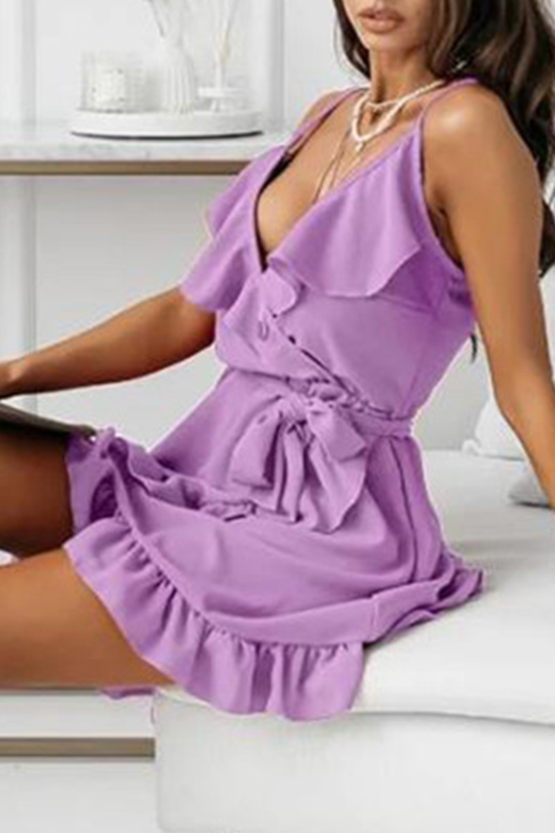 Elegant Solid Flounce Strap Design V Neck A Line Dresses(6 Colors)