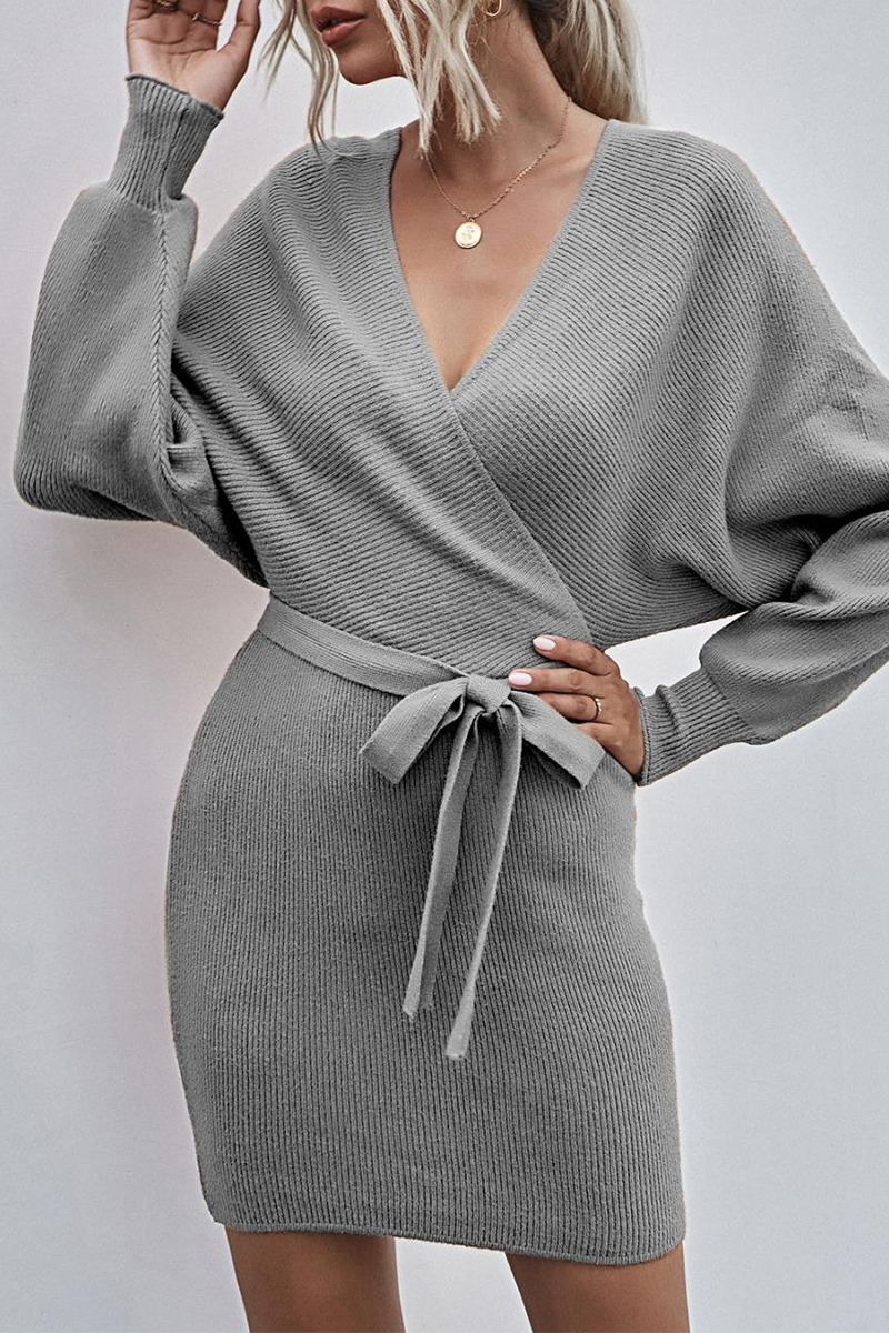 Elegant Solid With Belt V Neck Waist Skirt Dresses(6 Colors)