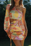 Fashion Street Print Hollowed Out One Shoulder Irregular Dresses(3 Colors)
