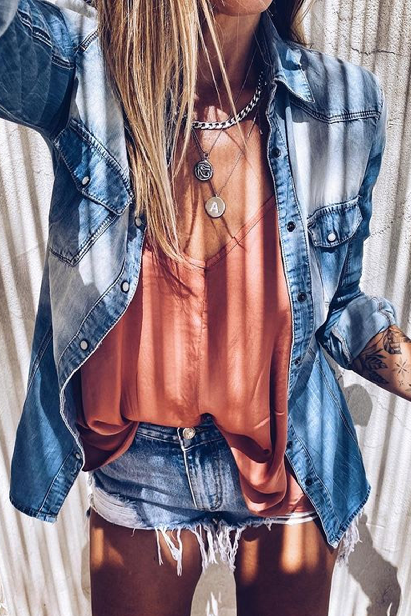Casual Patchwork Pocket Buckle Turndown Collar Blouses