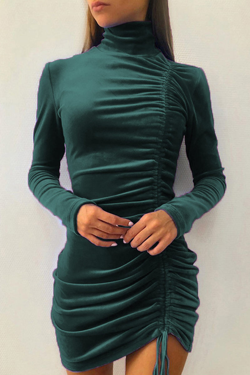 Elegant Solid Patchwork Fold Half A Turtleneck Pencil Skirt Dresses(5 Colors)