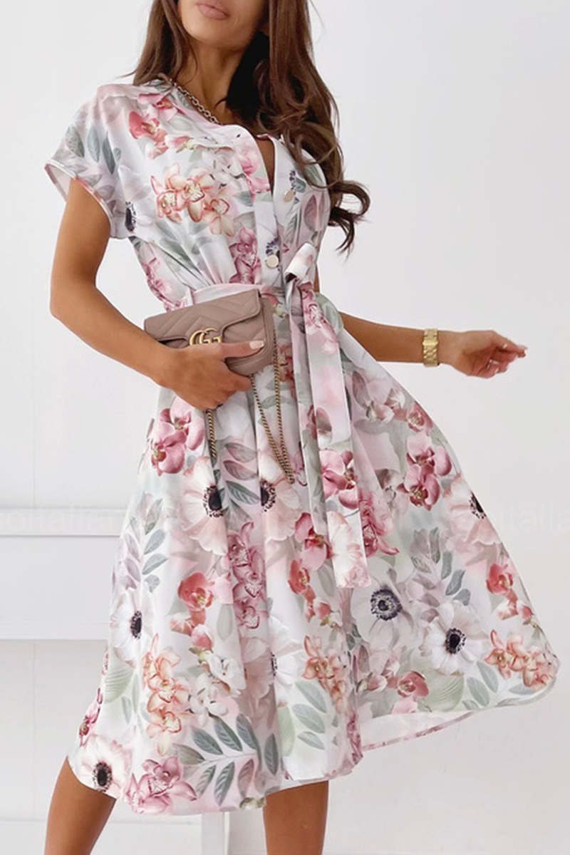 Elegant Print Buckle With Belt V Neck A Line Dresses(5 Colors)
