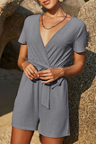 Casual Solid With Belt V Neck Straight Rompers