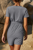 Casual Solid With Belt V Neck Straight Rompers
